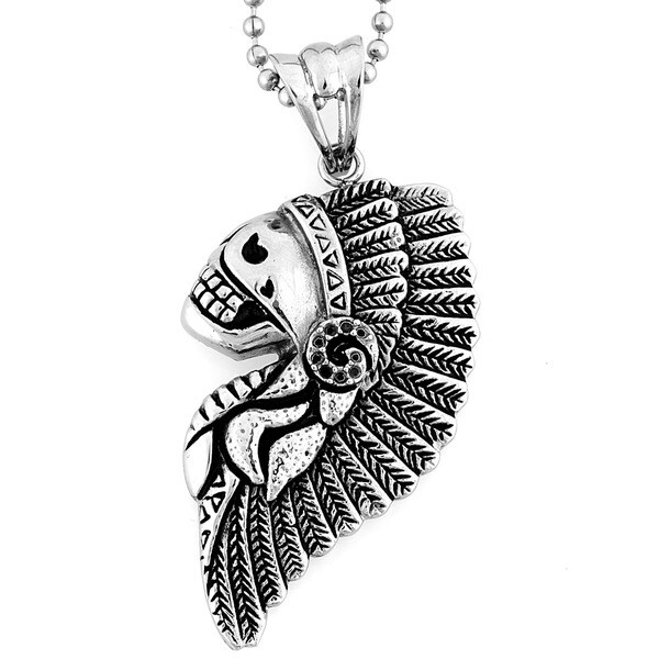 Stainless Steel Feathered Chief Headdress Skull Necklace West Coast Jewelry Men's Necklaces
