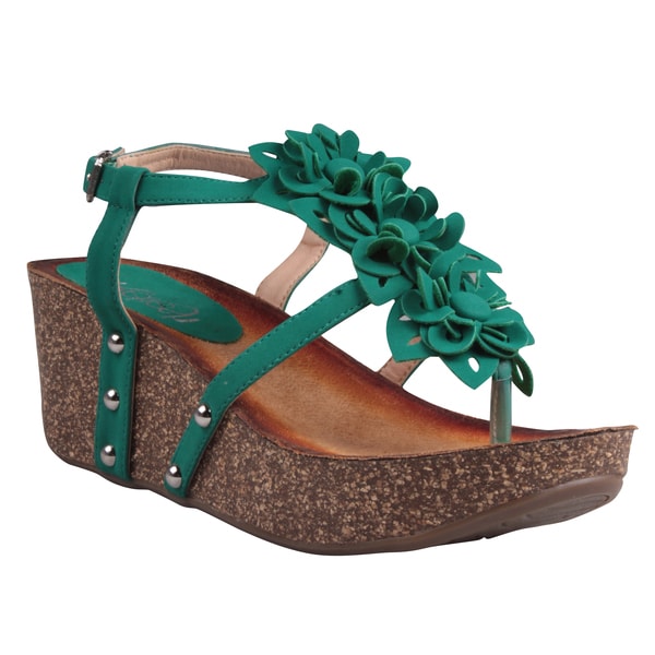 Refresh by Beston Women's 'Danica 05' Green Floral T strap Wedge Sandals Refresh Sandals