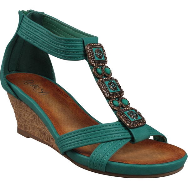Refresh by Beston Women's 'Ginny-10' Teal Beaded T-Strap Low Wedge ...