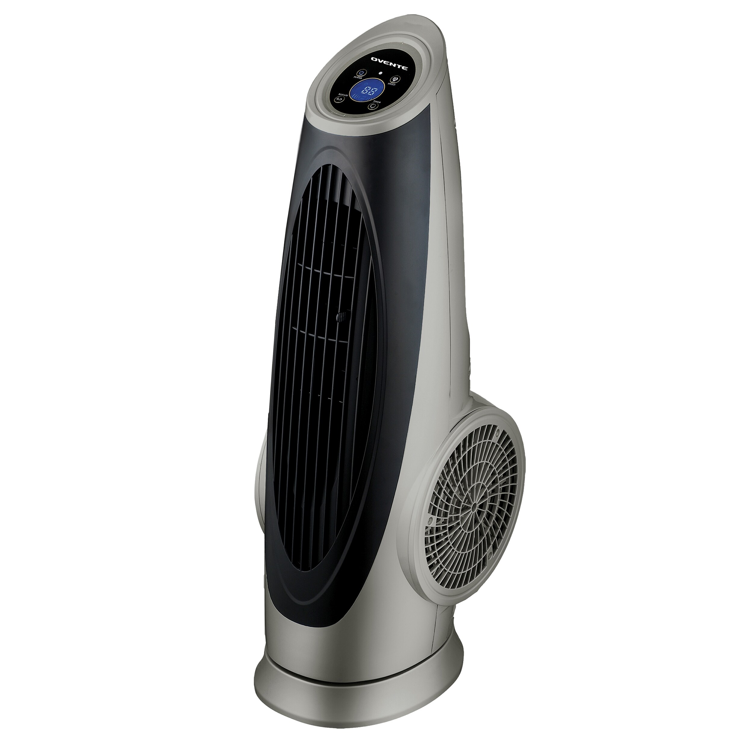 Ovente Metallic Grey Cool Breeze Tower Fan With Remote Control And Lcd Panel