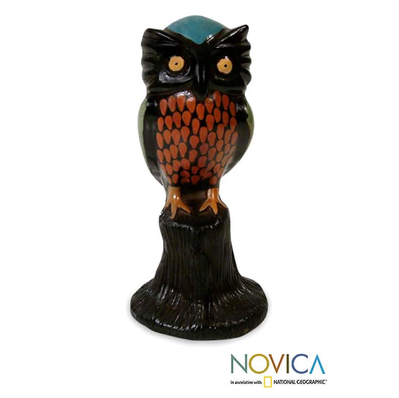 Handmade Ceramic 'Blue Capped Owl' Figurine (Peru)