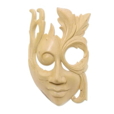 Hibiscus Wood 'Blossoming Woman' Mask, Handmade in Indonesia - 6"x8.75"