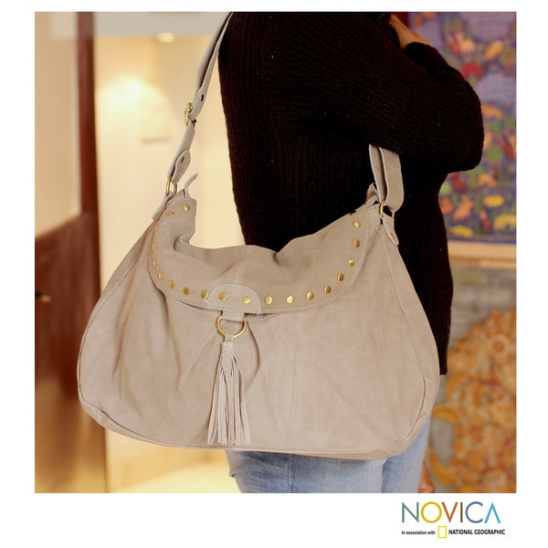 Shop Leather 'India Boho Grey Chic' Shoulder Bag (India) Free
