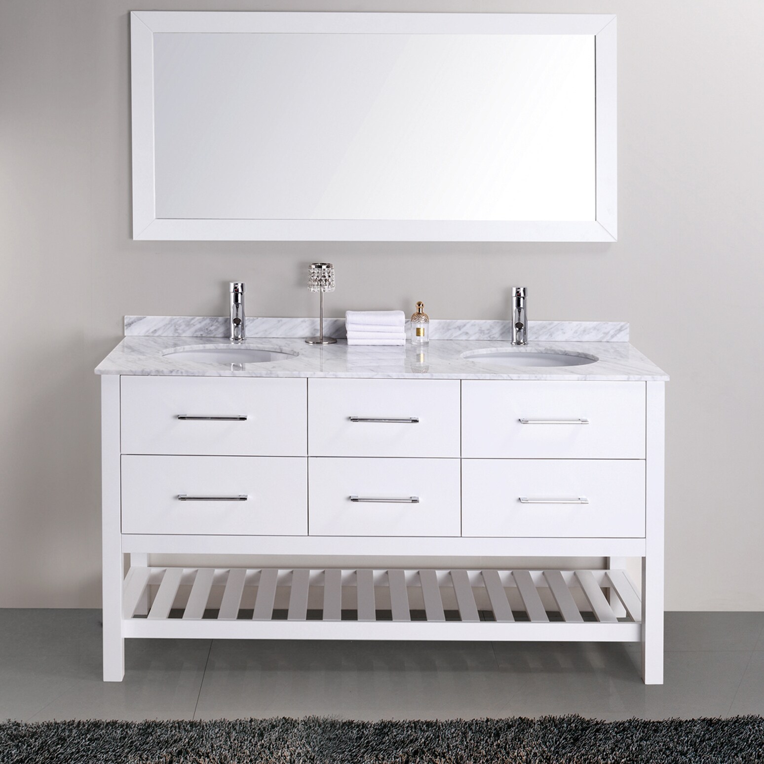 59 Floating White & Brown Bathroom Vanity Set with Double Sink