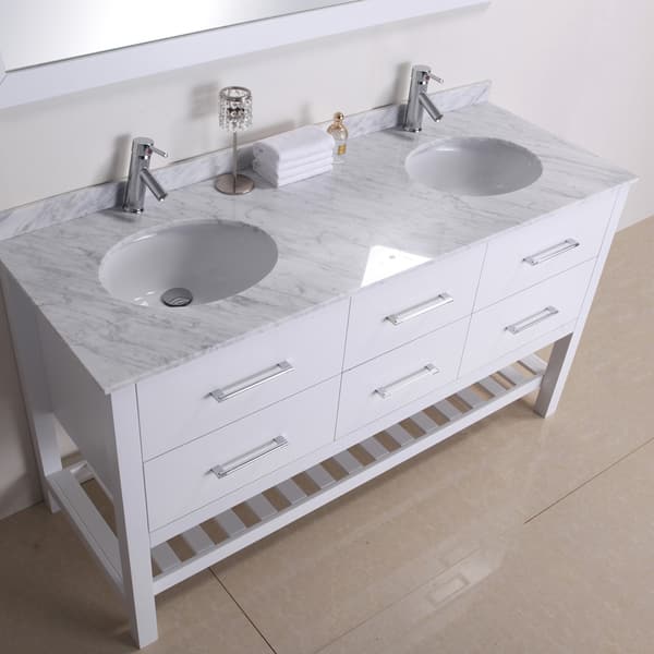 59 Floating White & Brown Bathroom Vanity Set with Double Sink Two Shelves