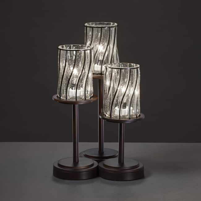 Justice Design Wire Glass Dakota 3-light Dark Bronze Table Lamp, Swirl with Clear Bubbles Cylinder - Flat Rim Shade