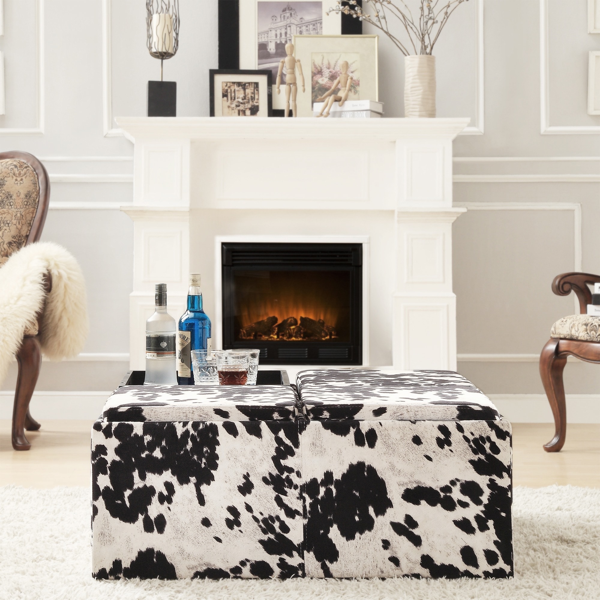 Inspire Q Montrose Black   White Faux Cow Hide Modern Storage Ottoman