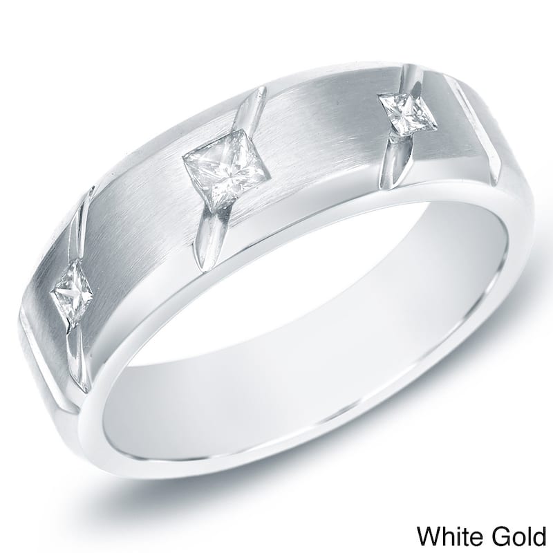Auriya Men's 14k Gold 3/8ct TDW Satin 3-Stone Diamond Wedding Band - White - 8