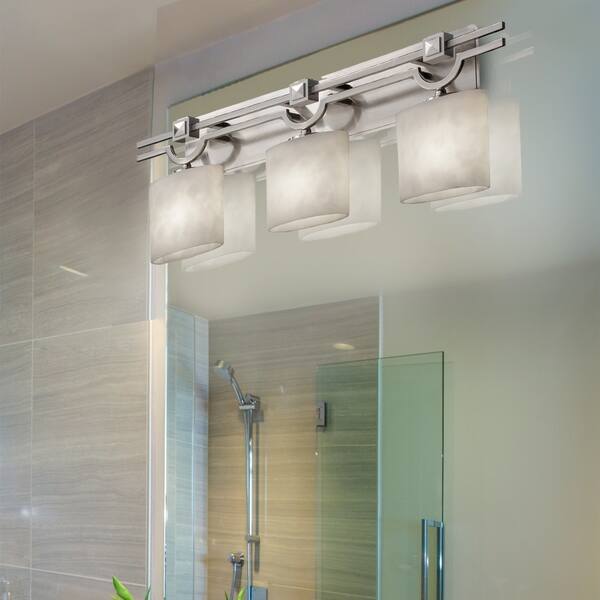 slide 1 of 4, Justice Design Clouds Argyle 3-light Brushed Nickel Bath Bar, Clouds Oval Shade