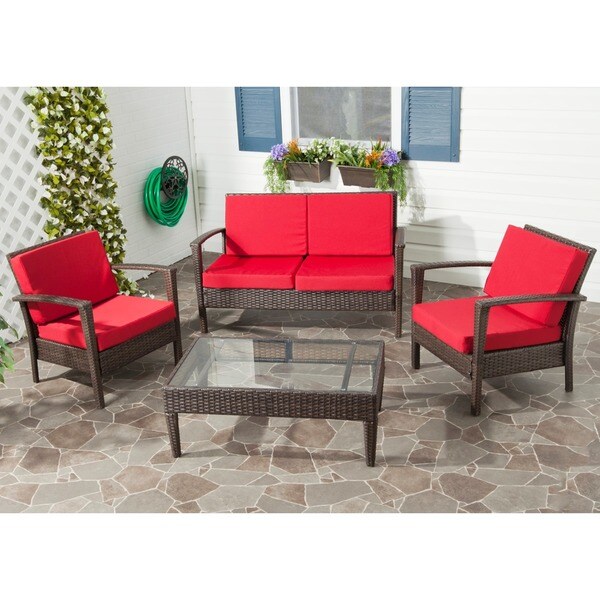 Safavieh Outdoor Living Brown PE Wicker Red Cushion Glass Top 4 piece