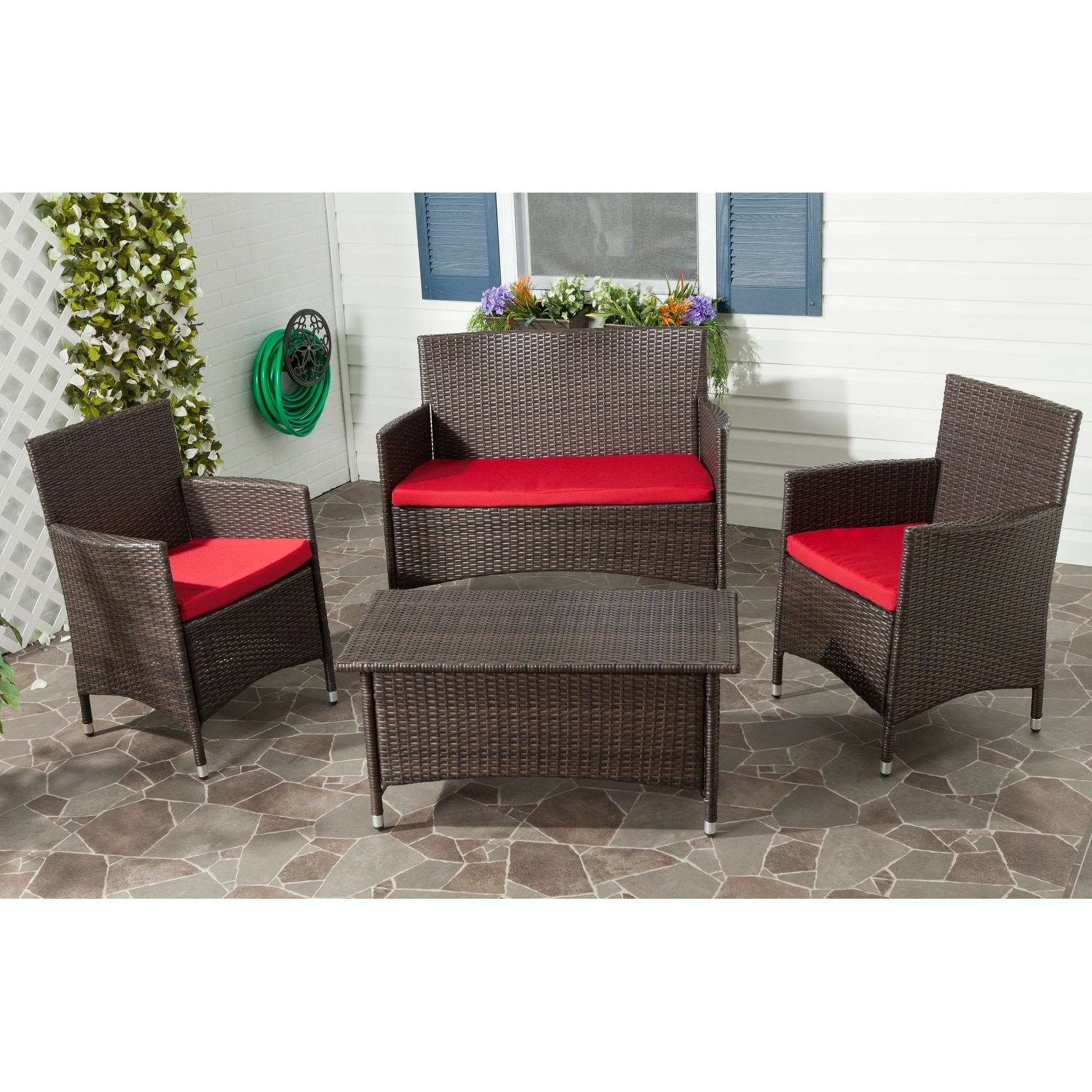 Shop Black Friday Deals On Safavieh Outdoor Living Brown Pe Wicker Red Cushion 4 Piece Patio Set Overstock 7897292