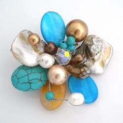 Floral Cluster Blue Turquoise and Pearl Brooch Pin (Thailand) Brooches & Pins