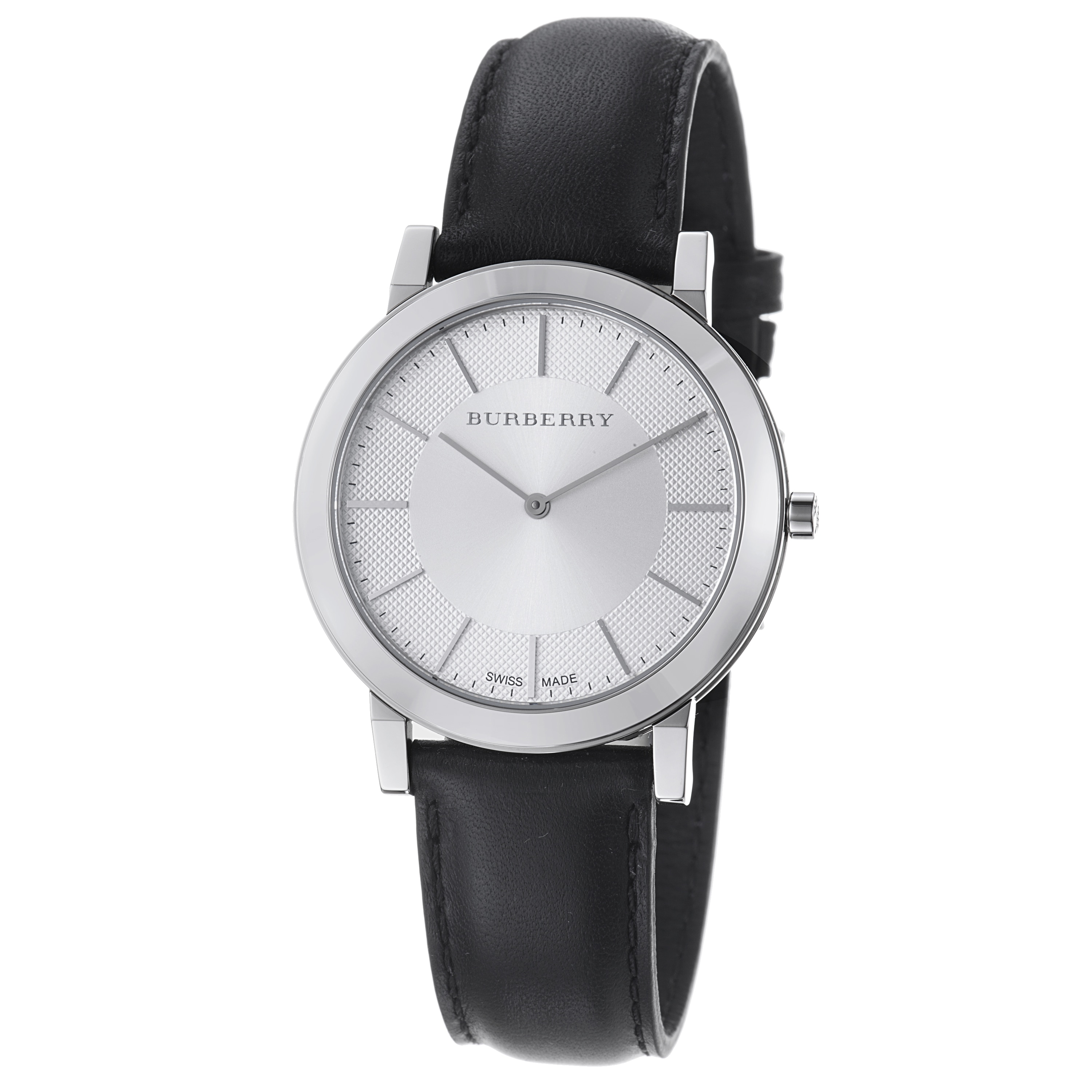 Burberry Mens Slim Silver Dial Black Leather Strap Quartz Watch 