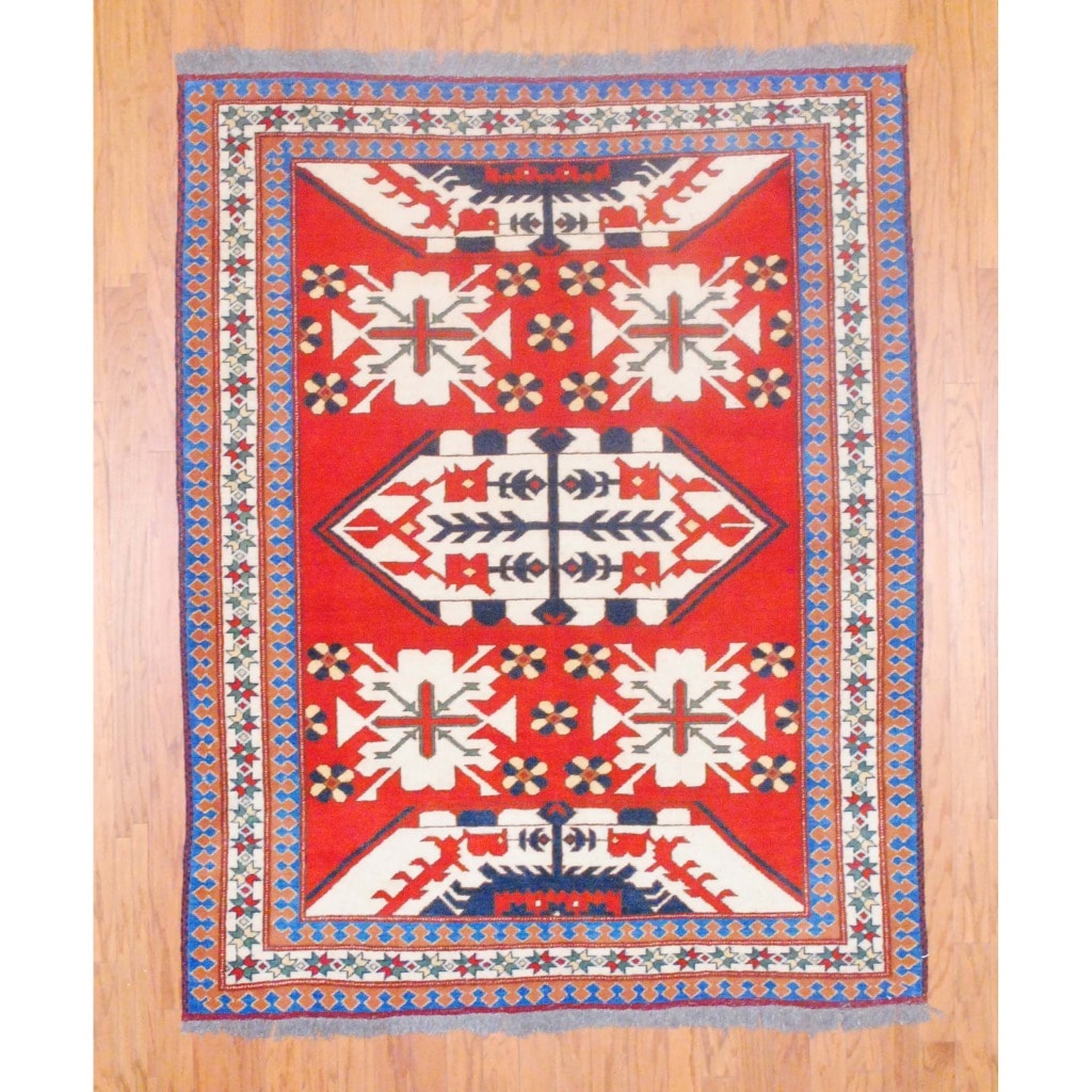 Afghan Hand knotted Kazak Red/ Ivory Wool Rug (5'2 x 6'5) 5x8   6x9 Rugs