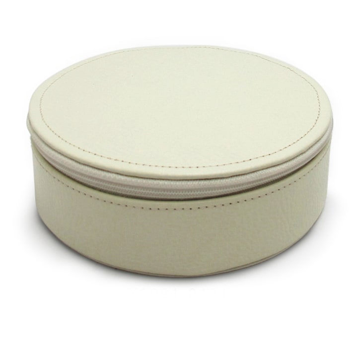   . Jennifer Cream Leather Round Zippered Jewelry Box  