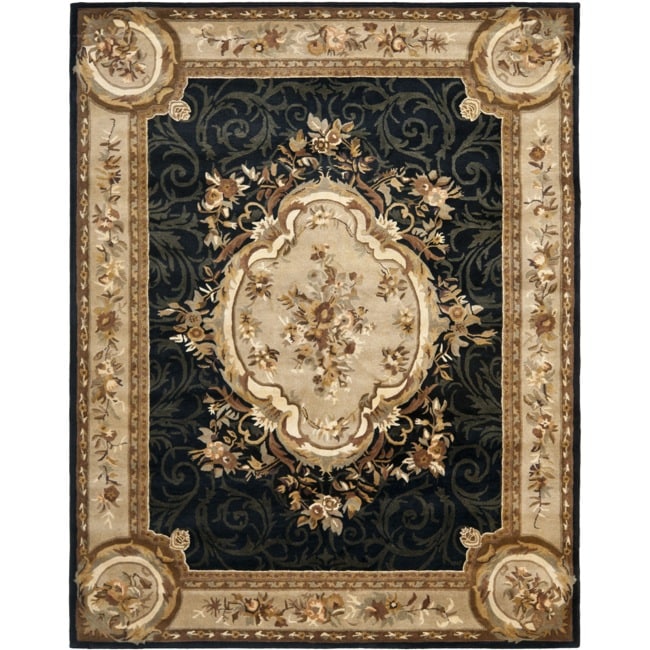 Handmade French Aubusson Black Premium Wool Rug (96 X 136)