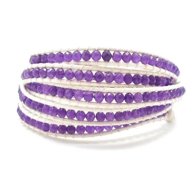 Mini Purple Amethyst Facets White Leather 5 Wrap Bracelet (Thailand