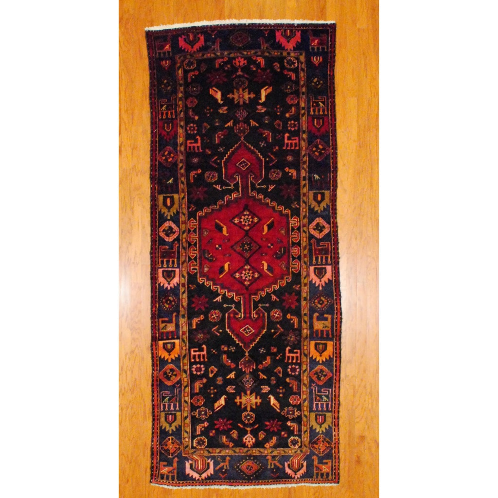 Persian Hand knotted Hamadan Black/ Blue Wool Rug (4'7 x 11'5) Runner Rugs