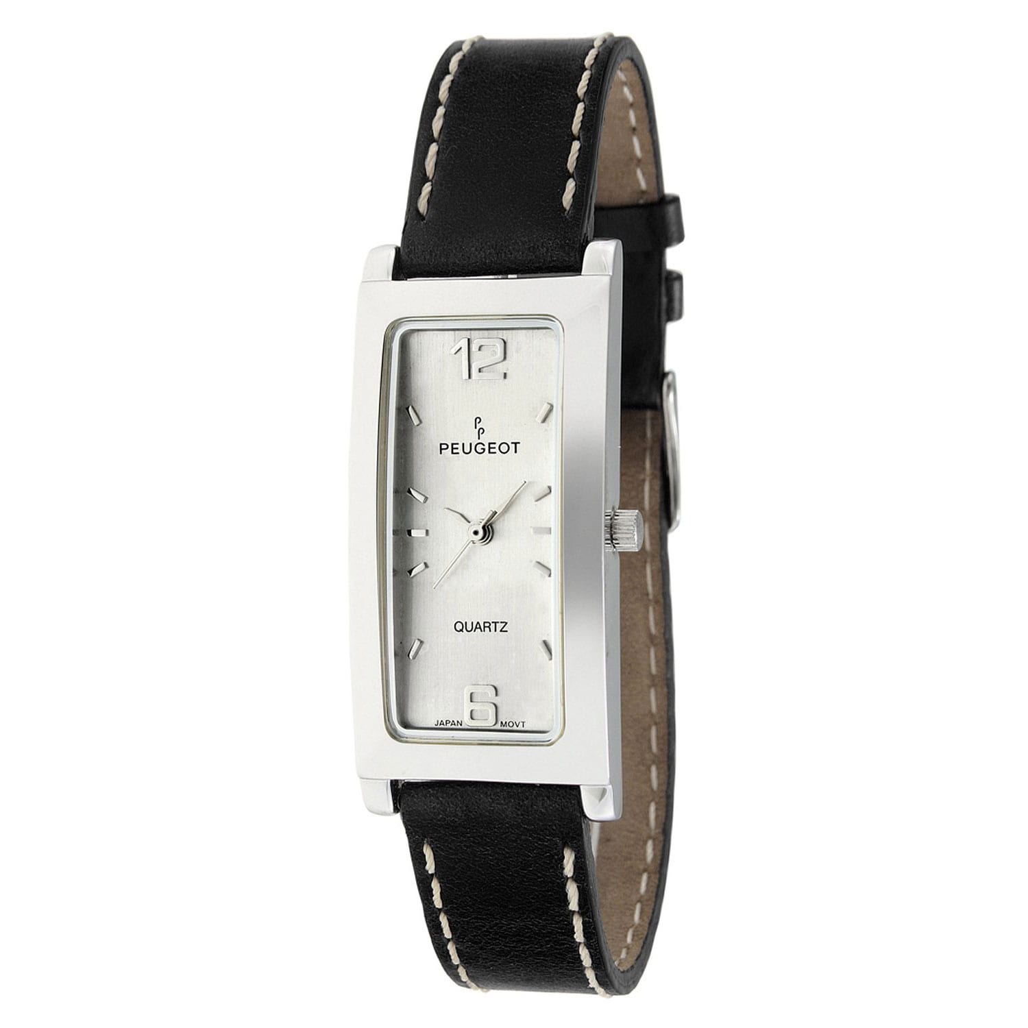 Peugeot Womens Silvertone Black Leather Strap Watch