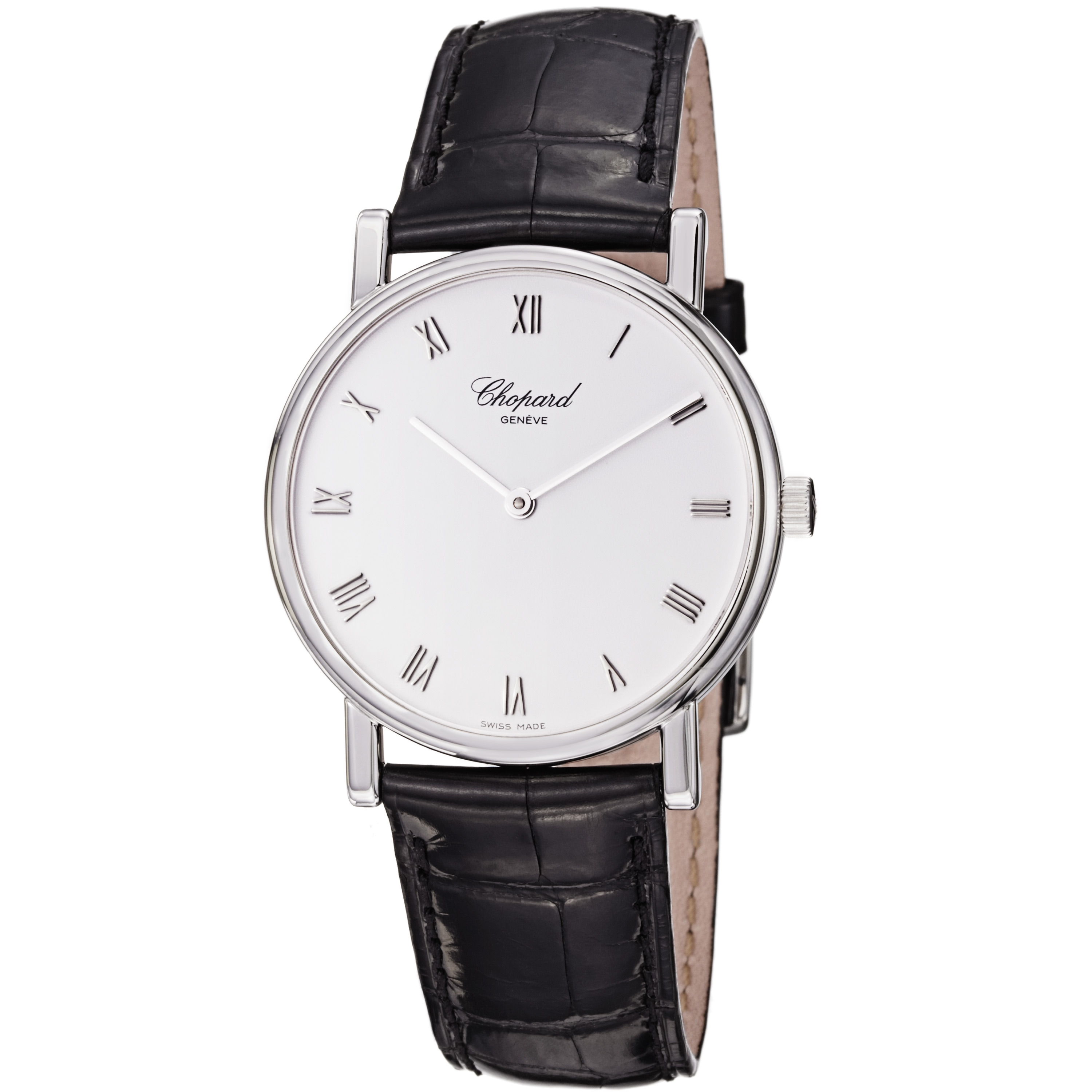 Chopard Mens Classic White Gold Black Strap Watch 