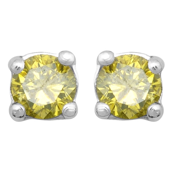 14k White Gold 1/10ct TDW Treated Yellow Diamond Stud Earrings 