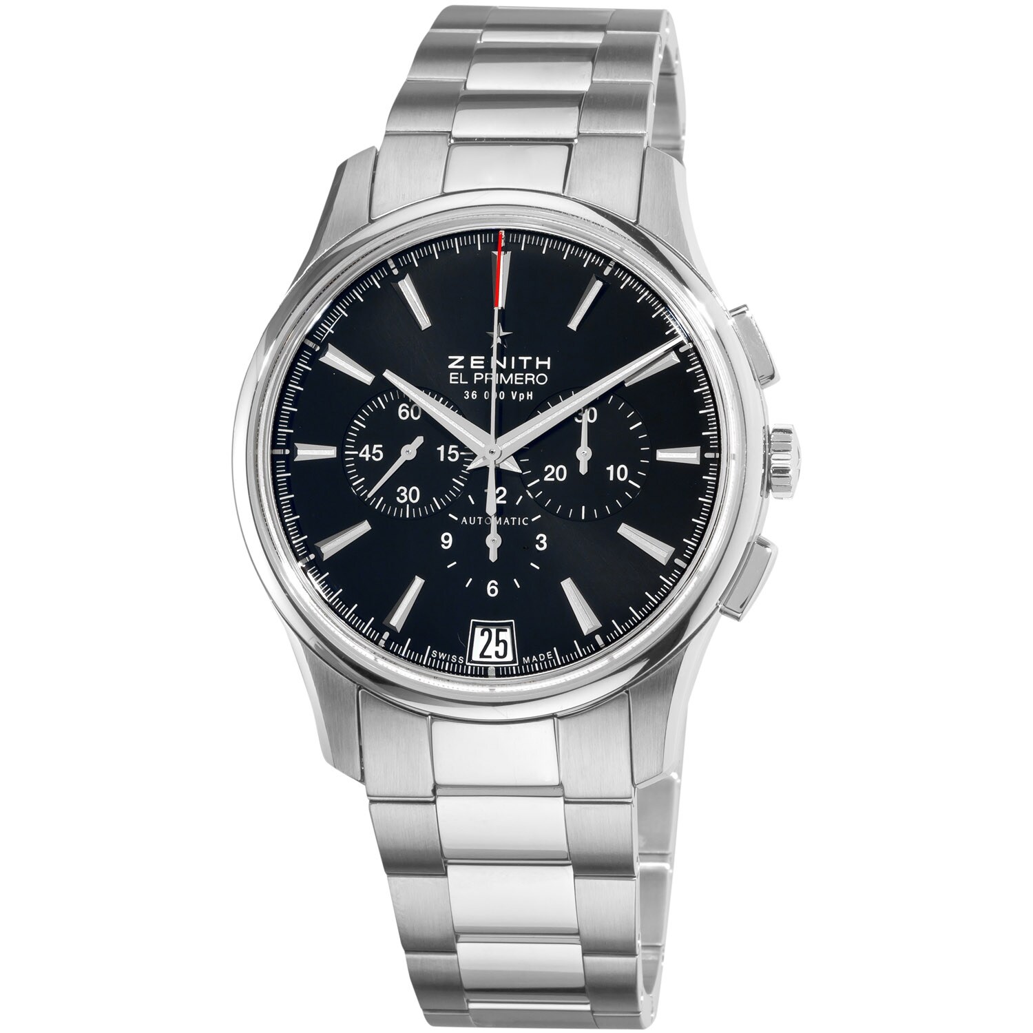 Zenith Men's 'El Primero' Black Dial Stainless Steel Watch Zenith Men's Zenith Watches