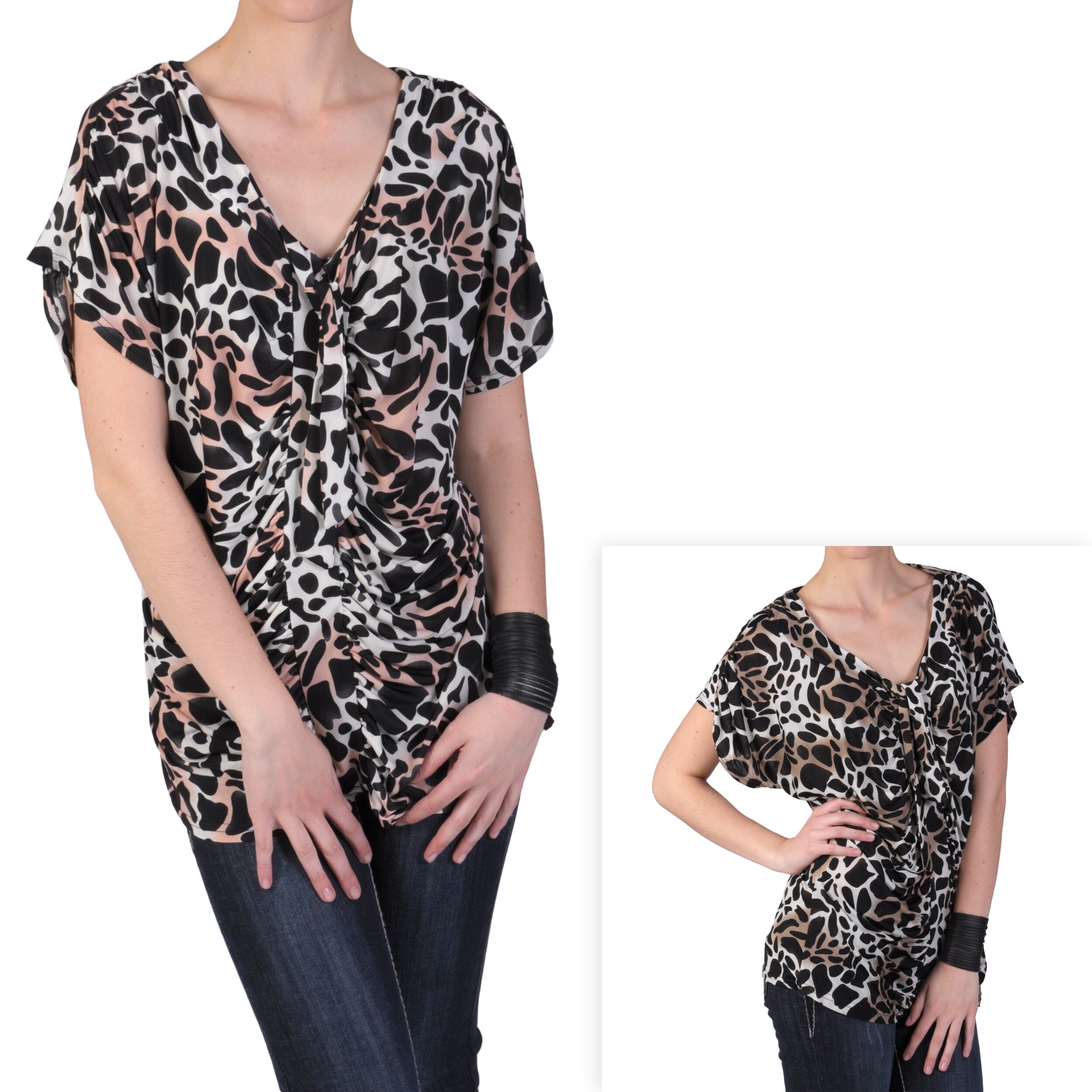Journee Collection Womens Contemporary Plus Ruched Animal Print Top