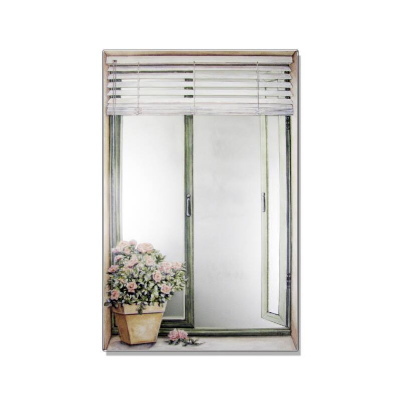 Faux Window Mirror Scene with Blinds and Rose Plant