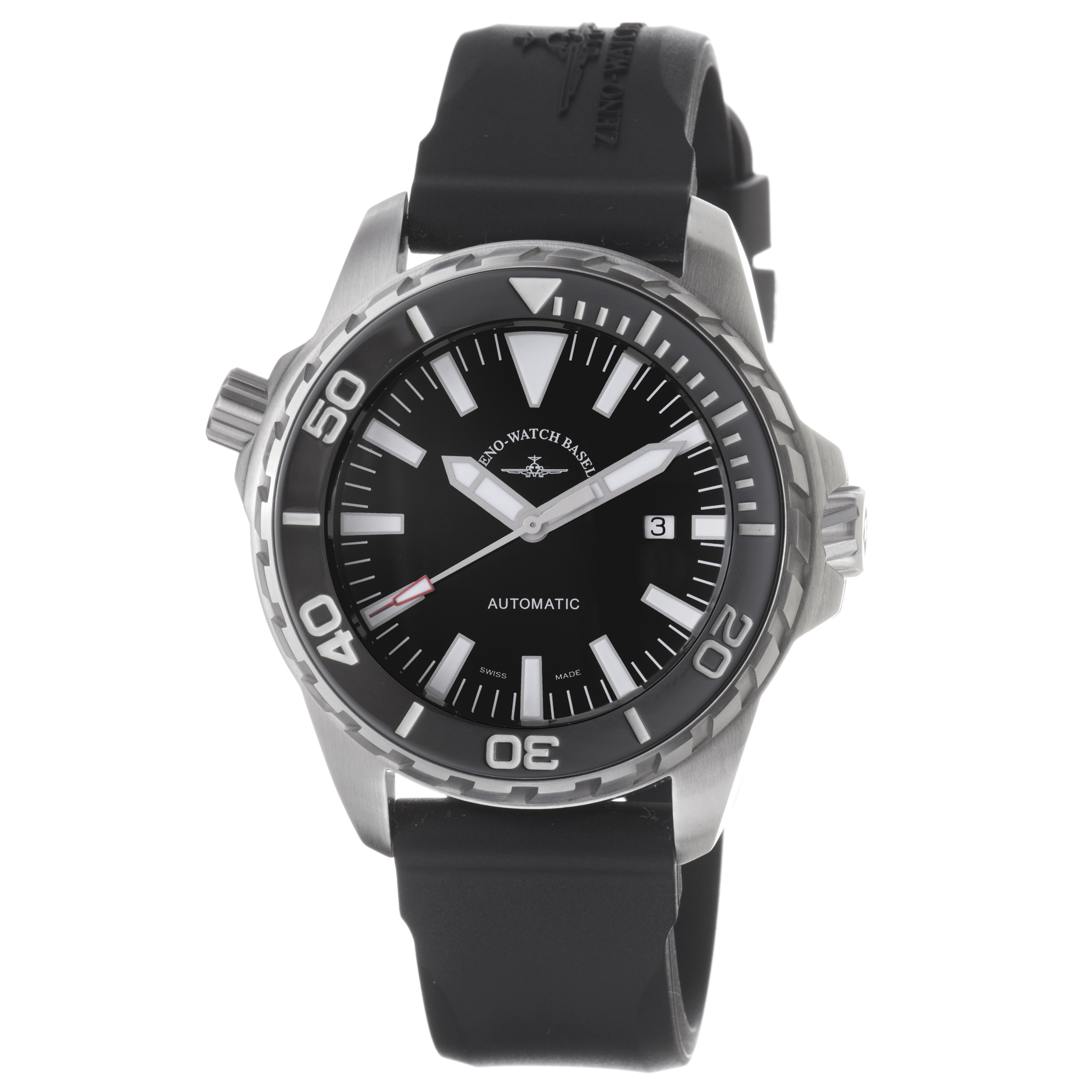 Zeno Mens Divers Black Dial Black Rubber Strap Automatic Watch 