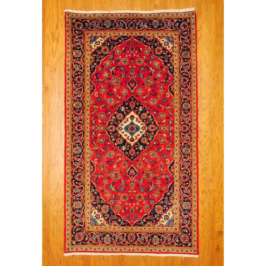 Persian Hand knotted Kashan Red/ Navy Wool Rug (4'10 x 8'9) 5x8   6x9 Rugs