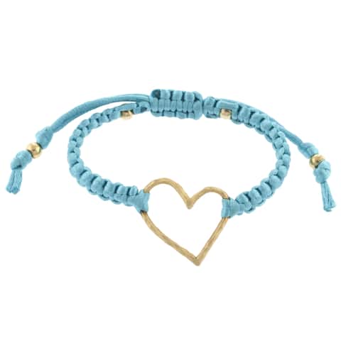 18k Gold over Silver Heart Design Light Blue Woven Cord Bracelet