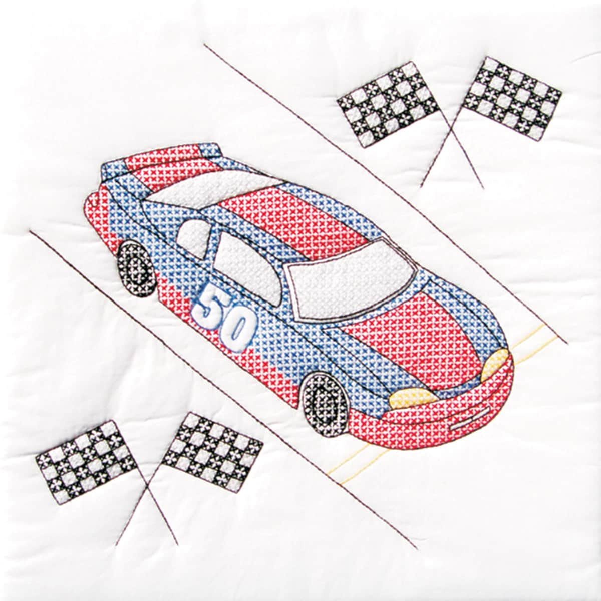 Stamped White Quilt Blocks 18X18 6/Pkg Race Car 