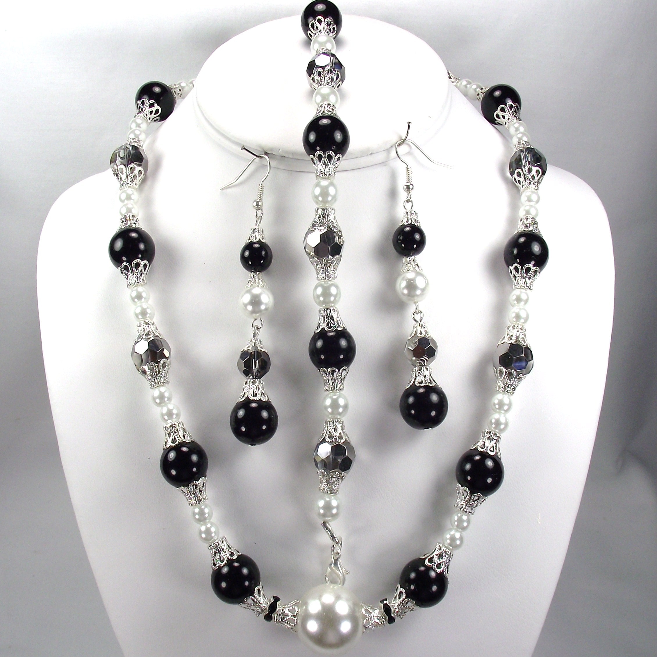 Jet Black and White Pearl Jewelry Set - 14313577 - Overstock.com ...