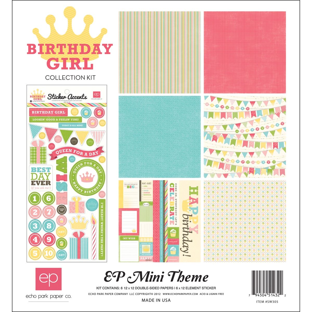 Birthday Girl Collection Kit 12"X12" Echo Park Paper 12 x 12 Scrapbooking Kits