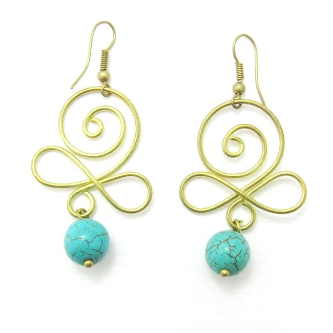 Handmade Turquoise Stone/ Brass Swirl Earrings (Thailand)