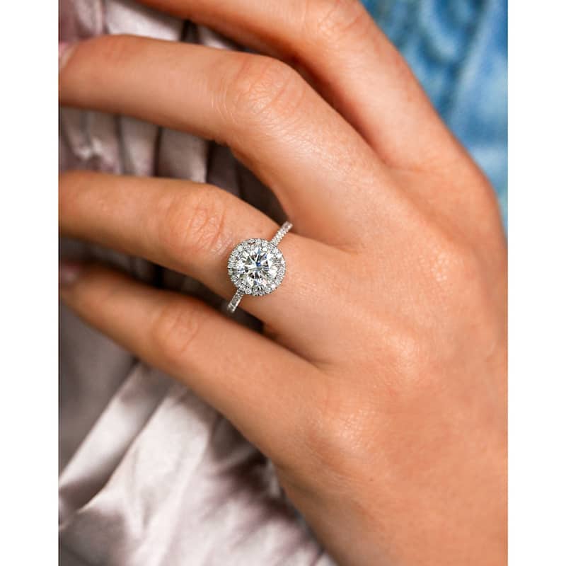 Annello by Kobelli 14k White Gold 1 3/4ct TGW Round Moissanite and Diamond Halo Engagement Ring