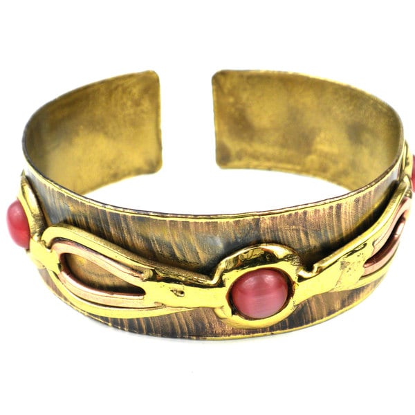 Handmade First Blush Pink Tiger Eye Narrow Brass Cuff (South Africa)