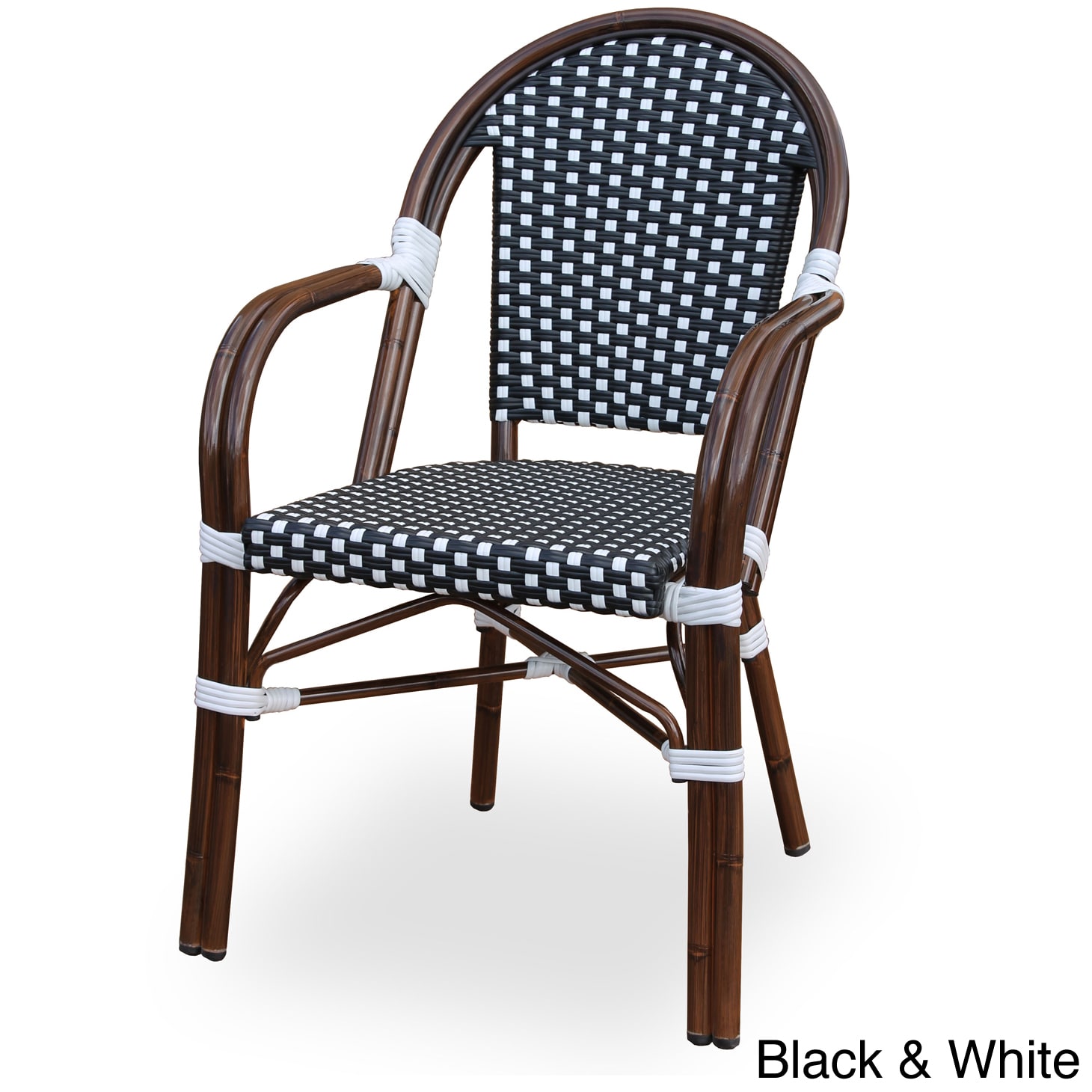 Paris Arm Chair (Cream/chocolate, black/whiteMaterials Powder coated aluminum, resin wicker (HD polyethylene)Finish Cream and chocolate, black and white resin wickerWeather resistantUV protectionLightweight yet very durable and stackableRattan is made f