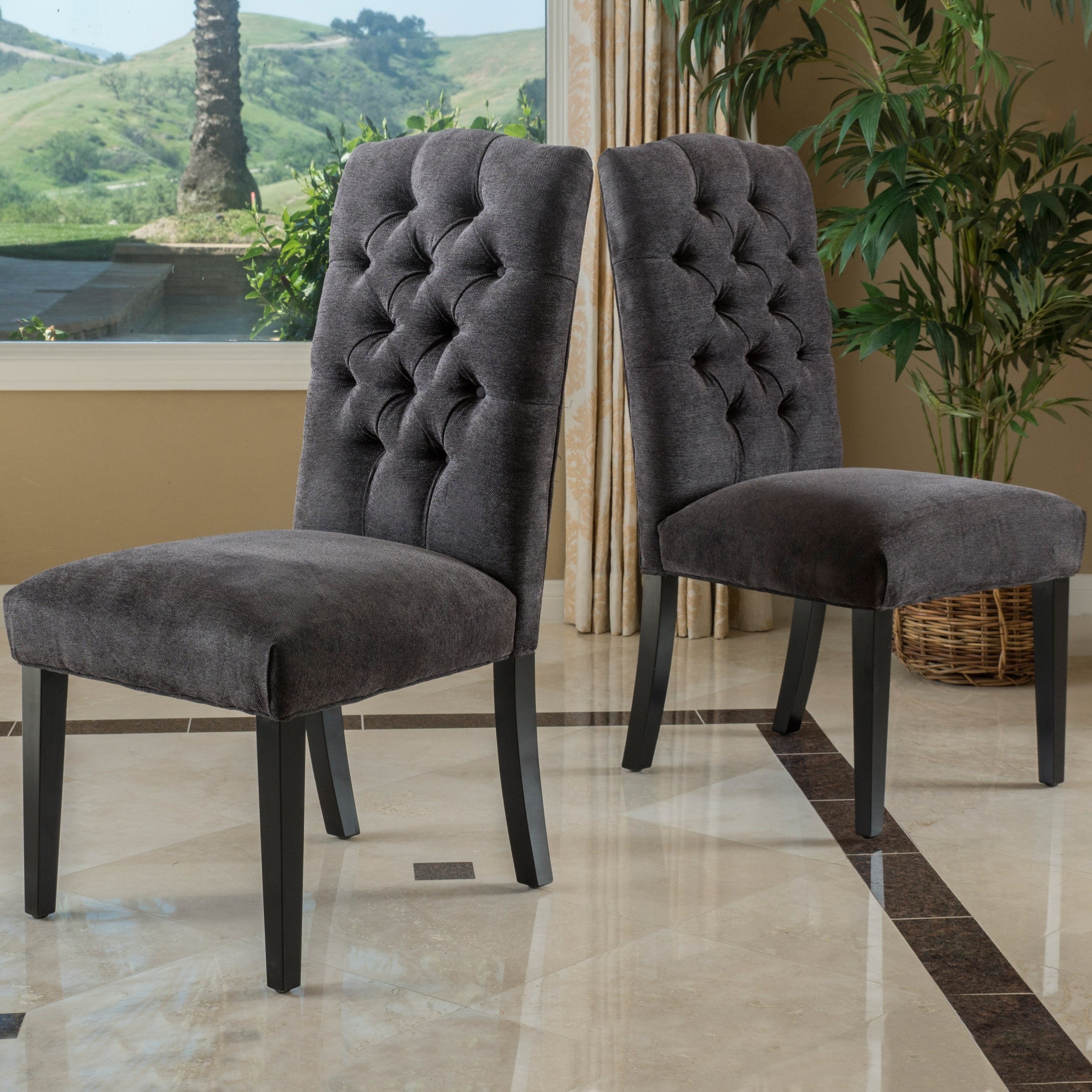 dark grey linen dining chairs