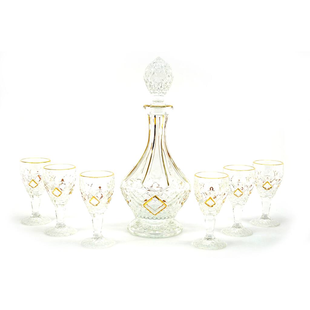 Seven-Piece Goldtone Trim Decorative Bottle and Glass Liquor Set