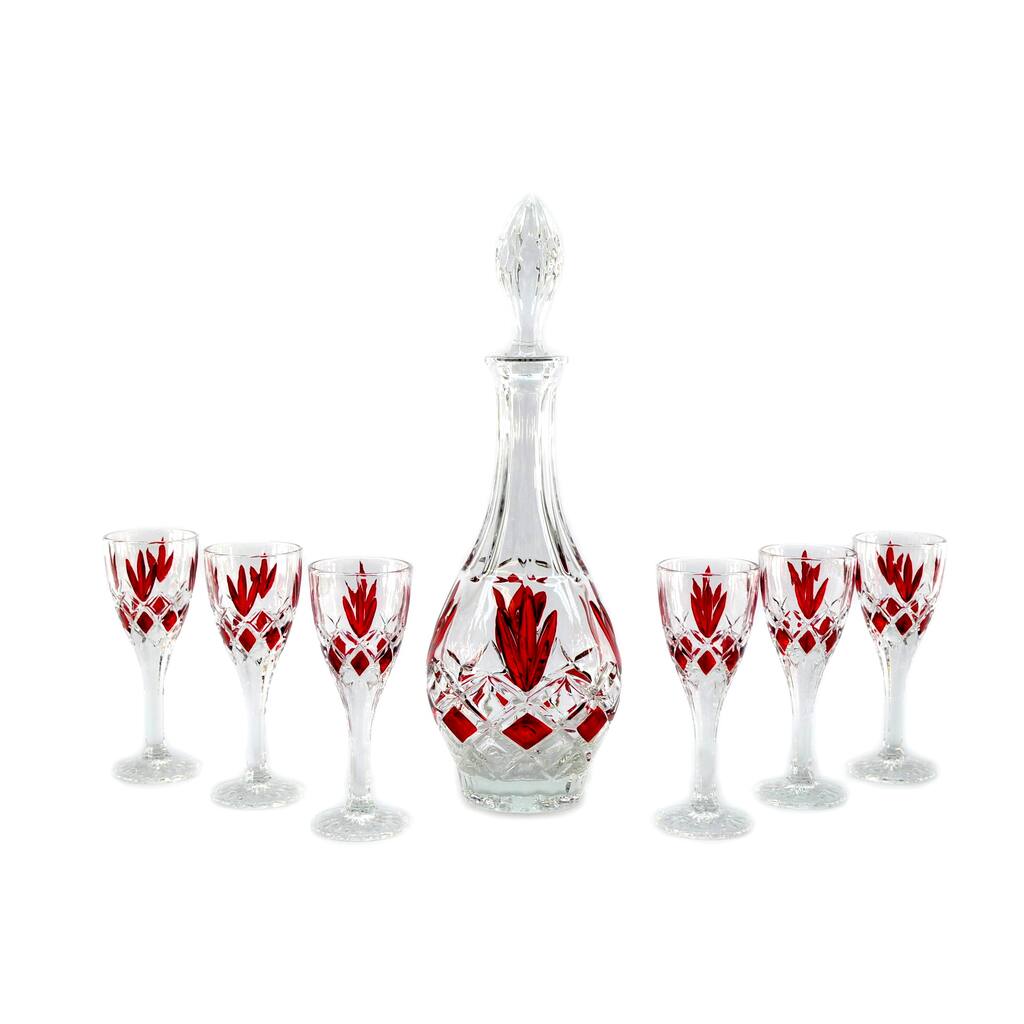 7-piece Red Trim Bottle and Glass Liquor Set