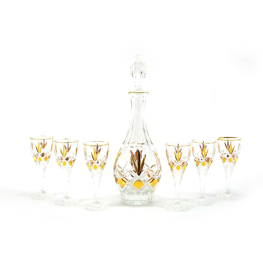 7-piece Goldtone Trim Bottle and Glass Liquor Set