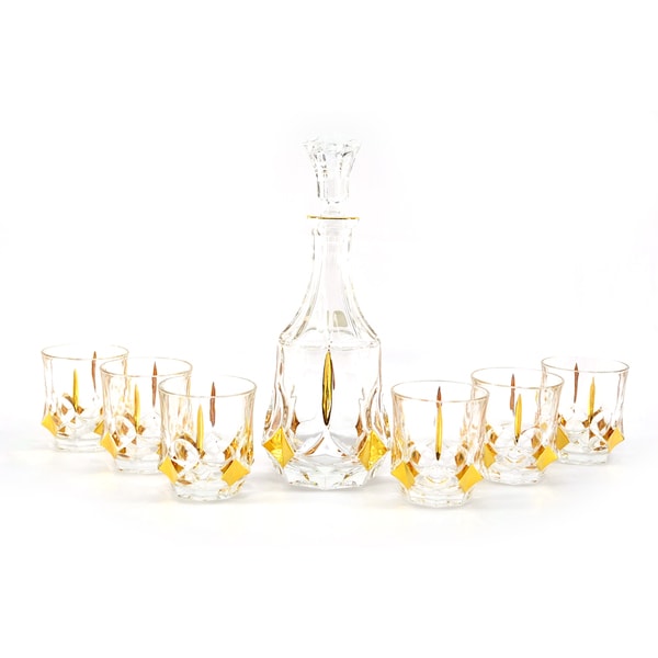 Complete Seven Piece Goldtone Trim Bottle and Glass Liquor Set Beverage Serving Sets