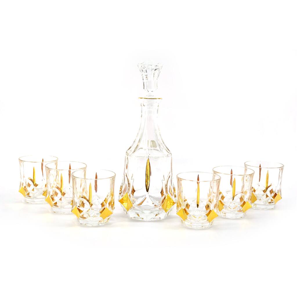 Complete Seven-Piece Goldtone Trim Bottle and Glass Liquor Set
