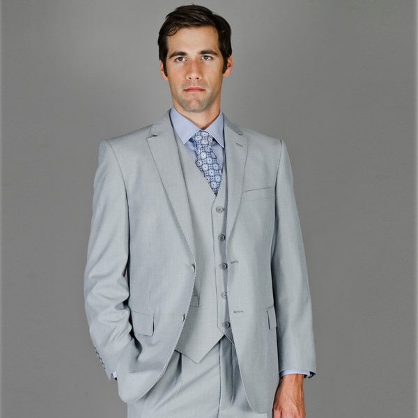 Men's Grey Ministripe Wool and Silk Vested Suit Suits