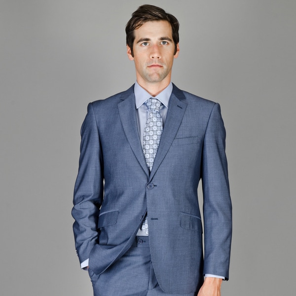 Shop Men's Dark Blue Sharkskin 2-button Wool and Silk Blend Slim-Fit ...