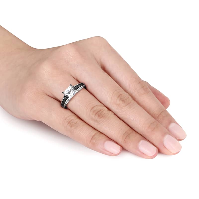 Miadora Sterling Silver Square-cut Created White Sapphire and 1/6ct TDW Black Diamond Engagement RinG