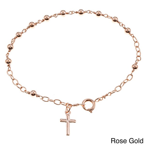 Sterling Essentials 14k Gold Overlay Bead and Cross 7-inch Bracelet