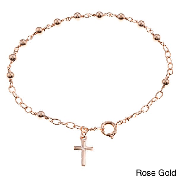 Sterling Essentials 14k Gold Overlay Bead and Cross 7 inch Bracelet Sterling Essentials Gold Overlay Bracelets