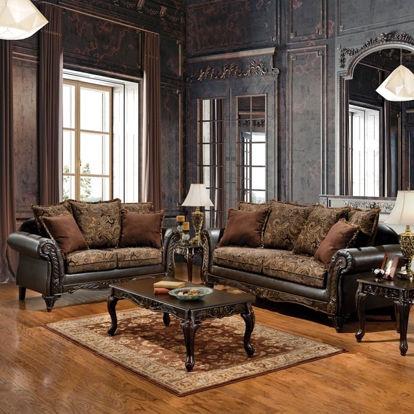 Shop Furniture of America Ruthy Traditional Dark Brown Floral Sofa ...